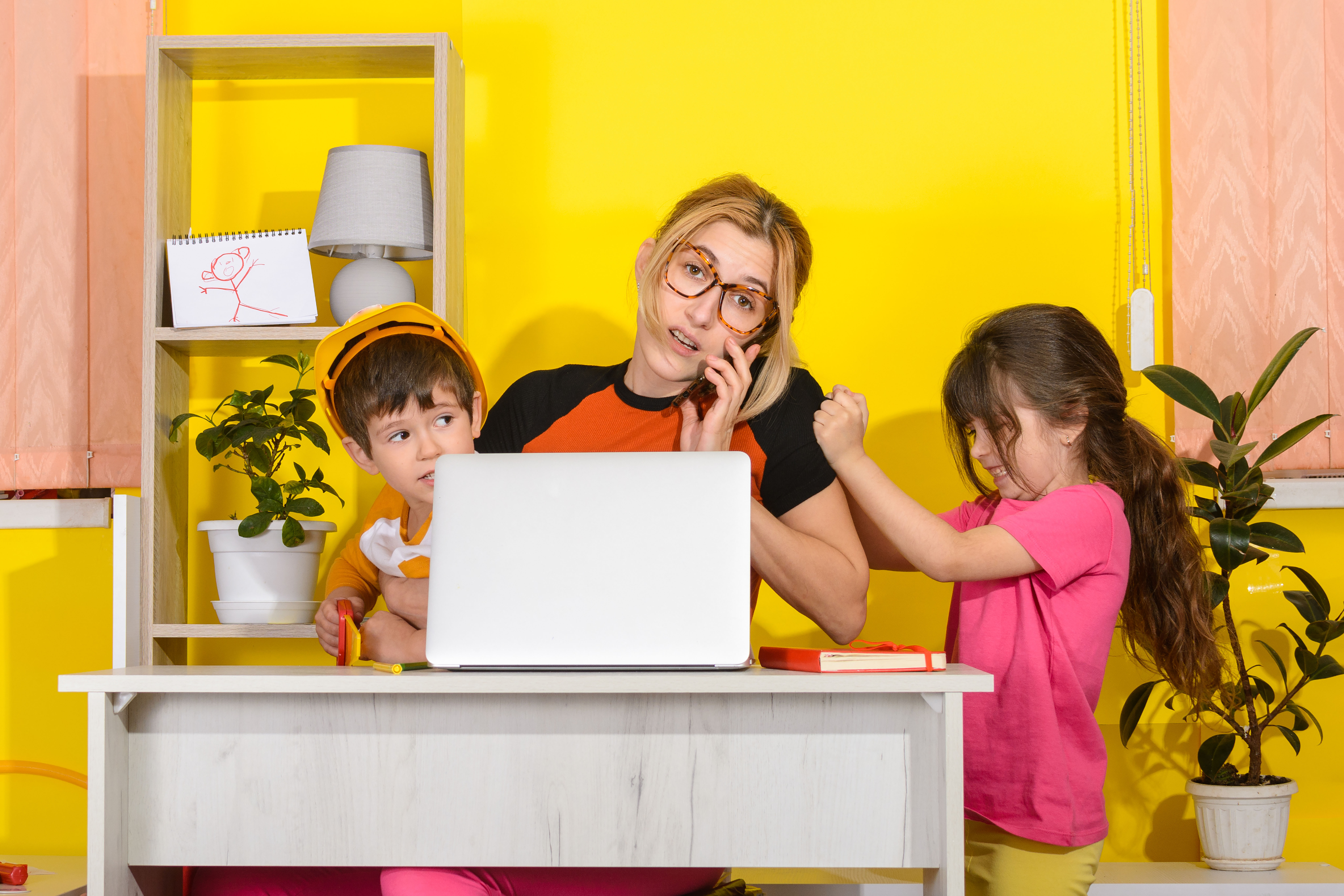 A frustrated mother and children